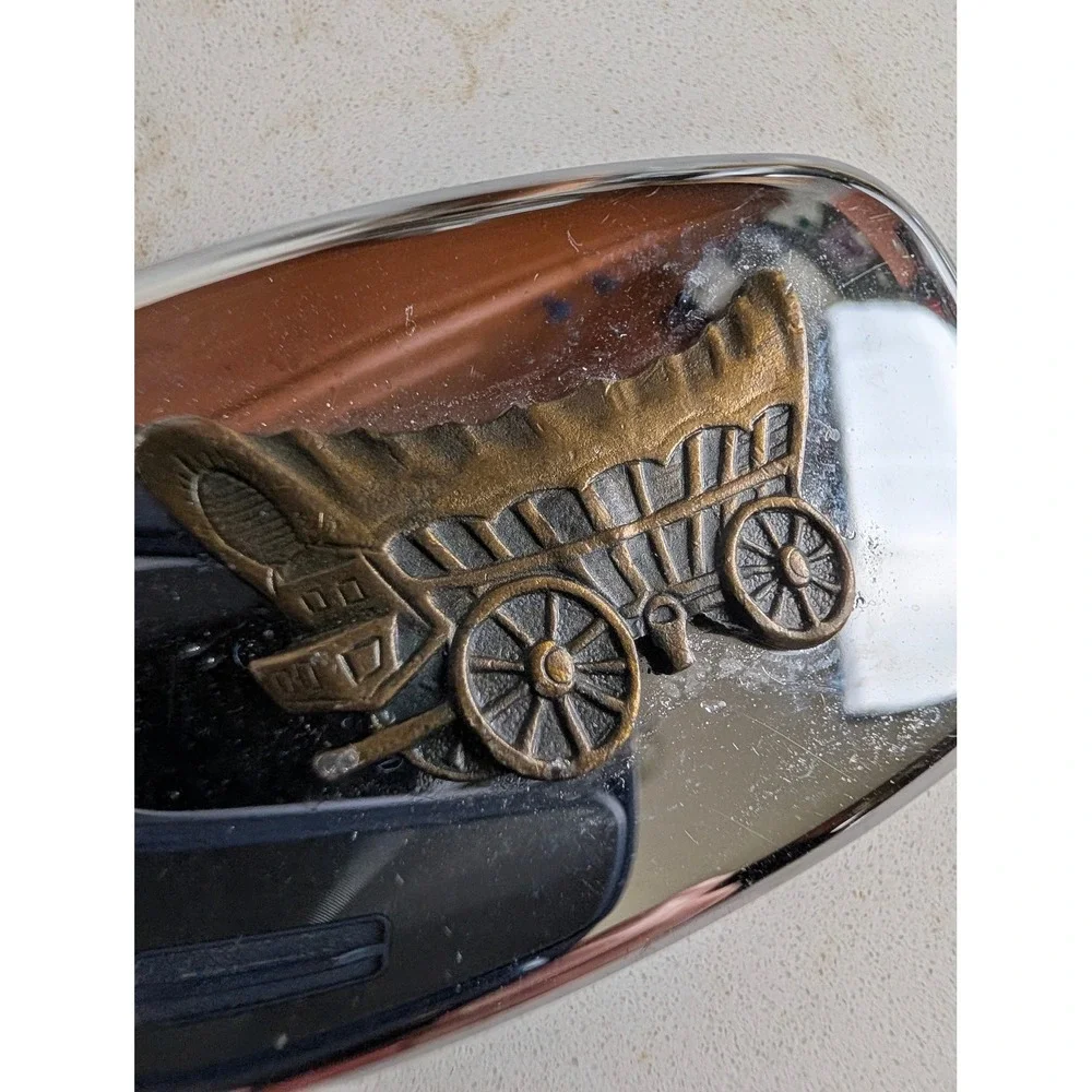 Vintage Covered Wagon Belt Buckle Made in USA Chrome Brass Tone Western Pioneer